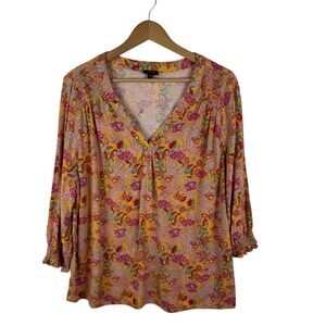 Jones & Co Jones Floral Peasant Blouse Size 1X Yellow Multicolor Boho Cottage‎